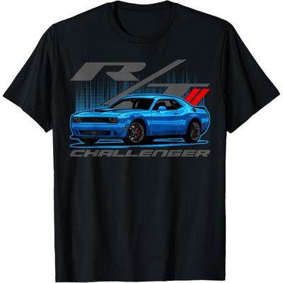 Retro Niebieski Samochód Challenger Kolorowy T-Shirt z Motoryzacją i Osiągami