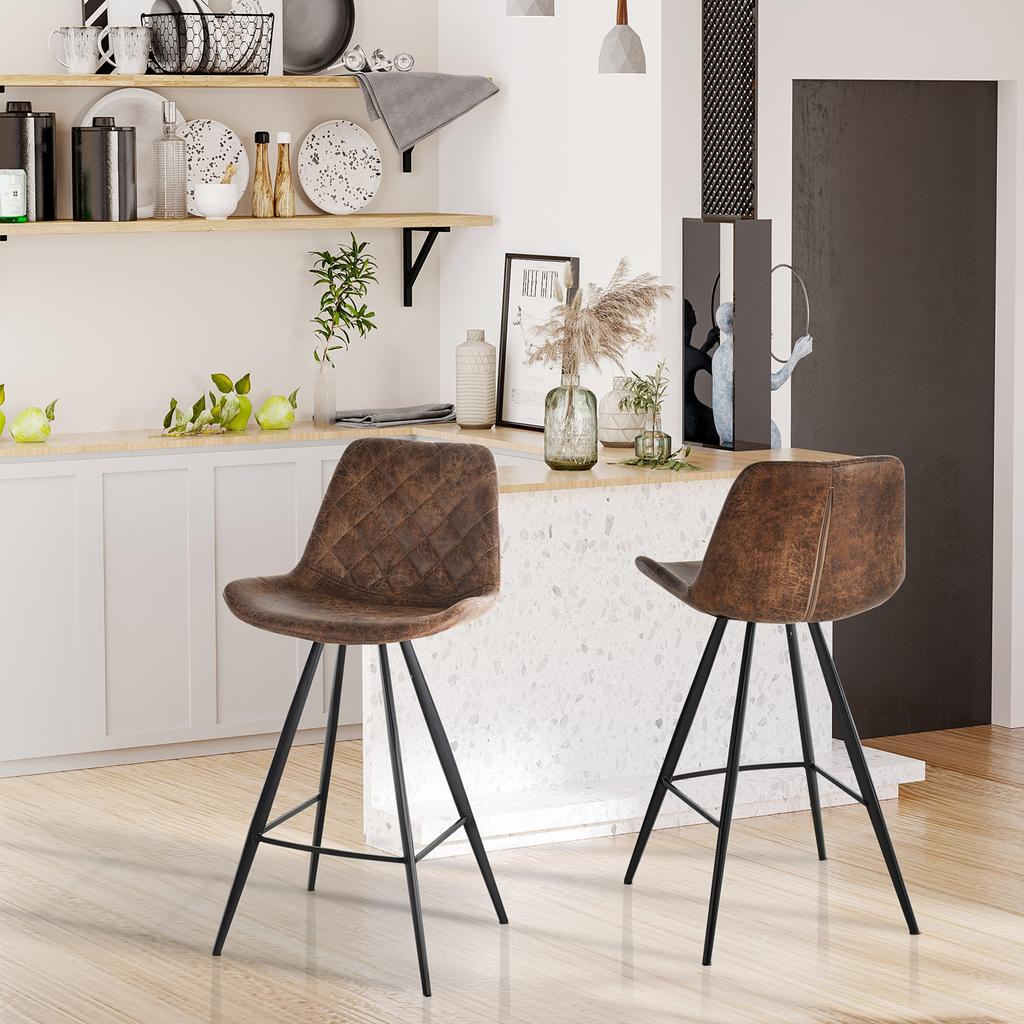 Set Of 2 Bar Stools Vintage Microfiber Cloth Tub Seats Padded Comfortable Steel Frame Footrest Quilted Home Bar Cafe Kitchen Chair Stylish Brown
