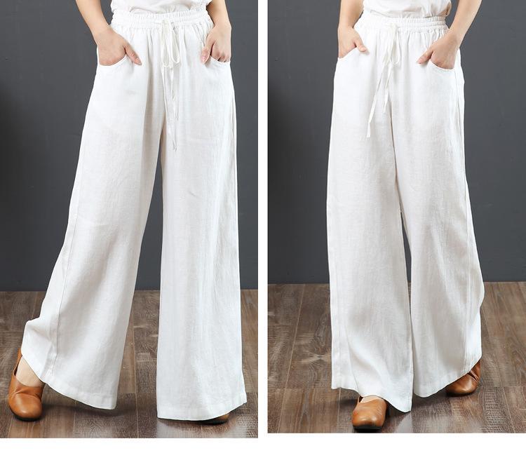 Sixteen Colors Multi-color High Waist Wide-Leg Linen Cotton Korean Style Women's Pants, Spring/Summer, Plus Size, Floor-Length, Straight Leg.