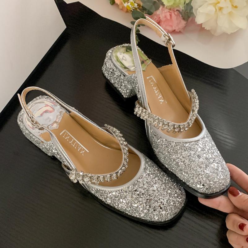 Women's Shoes 2024 Shiny Sequins Square Heel Sandals Women's Party Shoes Fashion Elegant Mid Heel Sandals Chaussure Femme