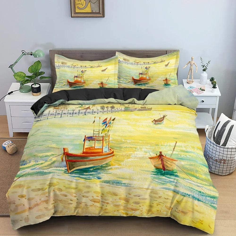 Watercolor Sailboat Bedding Set Bedclothes King Queen Twin Duvet Cover Set With Pillowcase 3D Luxury Quilt Covers