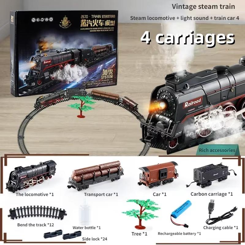 Retro Steam Train Set with Smoke Effect, Lights & Sounds, USB Rechargeable Christmas Train Railway Kits for Kids Holiday Gifts