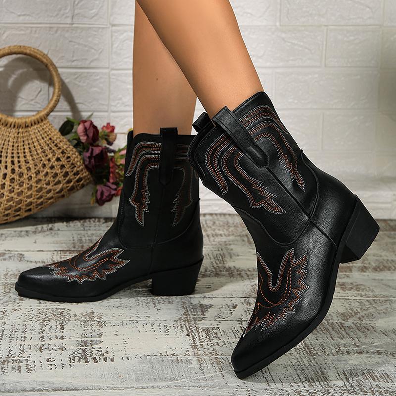 Fashion Retro Embroidery Design Women's Boots Waterproof Pu Leather Chunky Heel Western Boots Big Size 43 Pointed Toe Ankle Boots