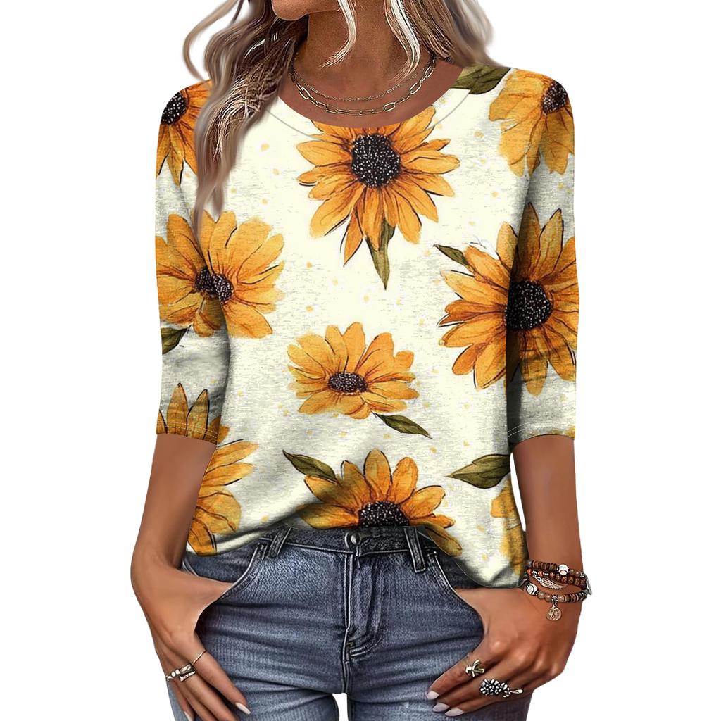 Moda damska Casual Okrągły dekolt Rękaw 3/4 Luźny T-Shirt z nadrukiem Damski top