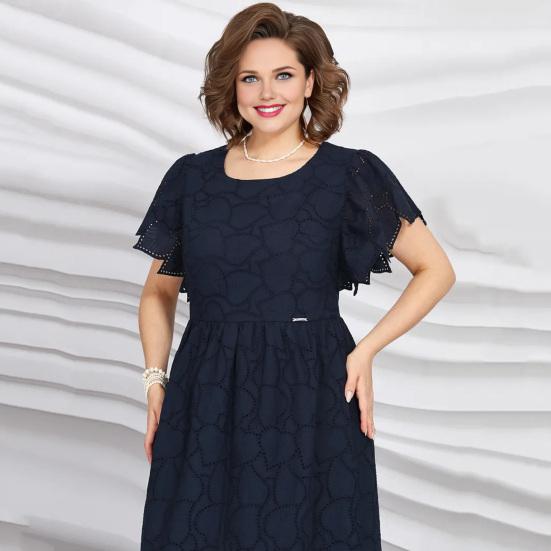 Damen Kleid Übergröße Rundhalsausschnitt Aushöhlen Stickerei Spitze Schlanke Passform Einfarbig Kurze Ärmel Pendeln Formelle Party Abschlussball Sommer Midikleid