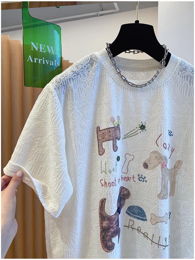 240 Jin Women's White Puppy Jacquard Short-Sleeve T-Shirt - 2026 New Summer Loose Casual Top