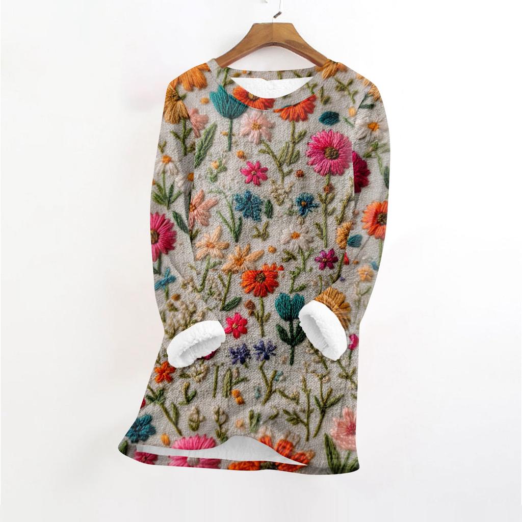Women's Fashionable Printed Round Neck Long Sleeved Plush Warm Pullover Top