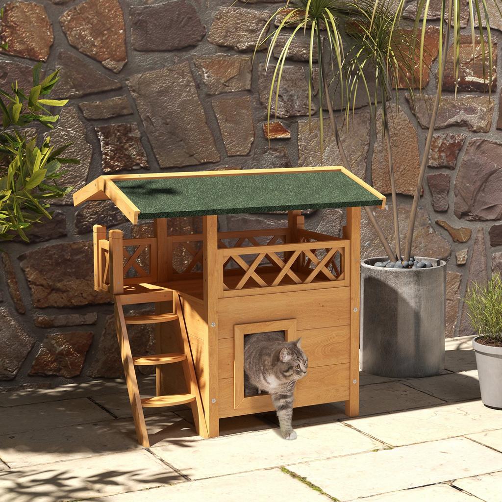 Cat House Outdoor W/ Balcony Stairs Roof, 77 X 50 X 73 Cm, Natural Wood Finish