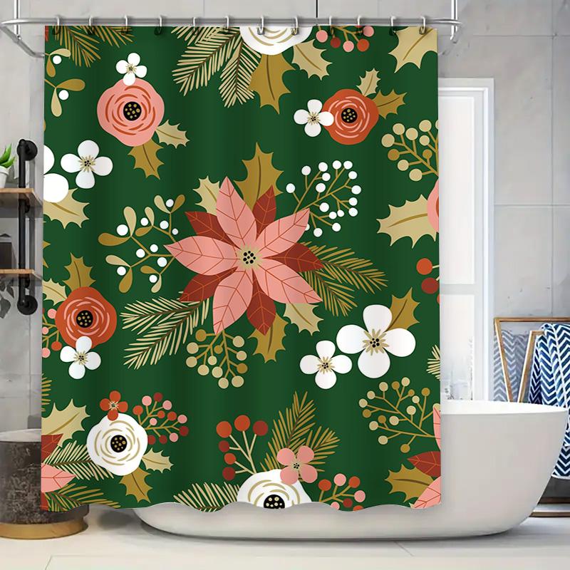 

Elegant Floral Shower Curtain Christmas Decor Bathroom Accessories With Green Leaves Poinsettias Modern Print Home Decor (69 X 7 W60H190(CM)-1 Pcs
