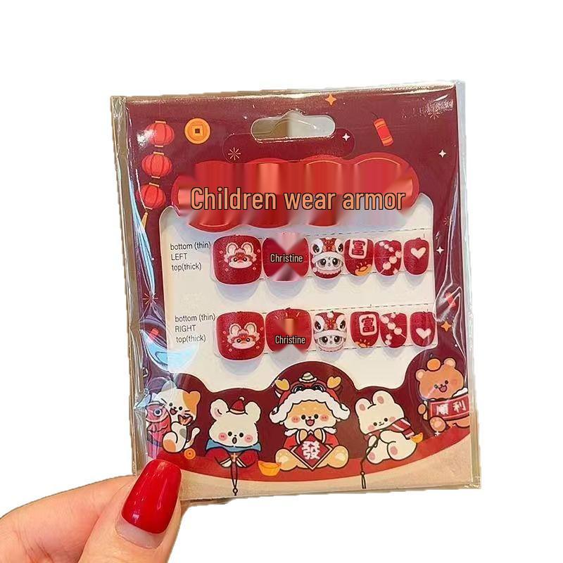 Children's Red Festive New Year Nail Stickers - Self-Adhesive Wearable Nail Art with Cat Design for Girls