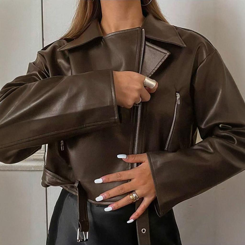 Cross-border Wholesale European and American Style Short PU Leather Jacket for Women, Motorcycle Jacket, Slim Fit, High-end Black Jacket, Trendy Insta