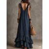 Boho Vintage V-Neck Short Sleeve Ruffle Casual Urban Dress for Women, European American Crossbody Summer Sundress