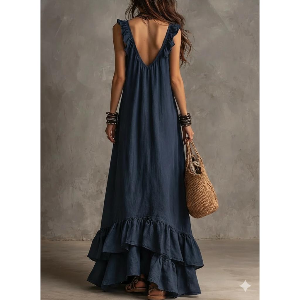 Boho Vintage V-Neck Short Sleeve Ruffle Casual Urban Dress for Women, European American Crossbody Summer Sundress