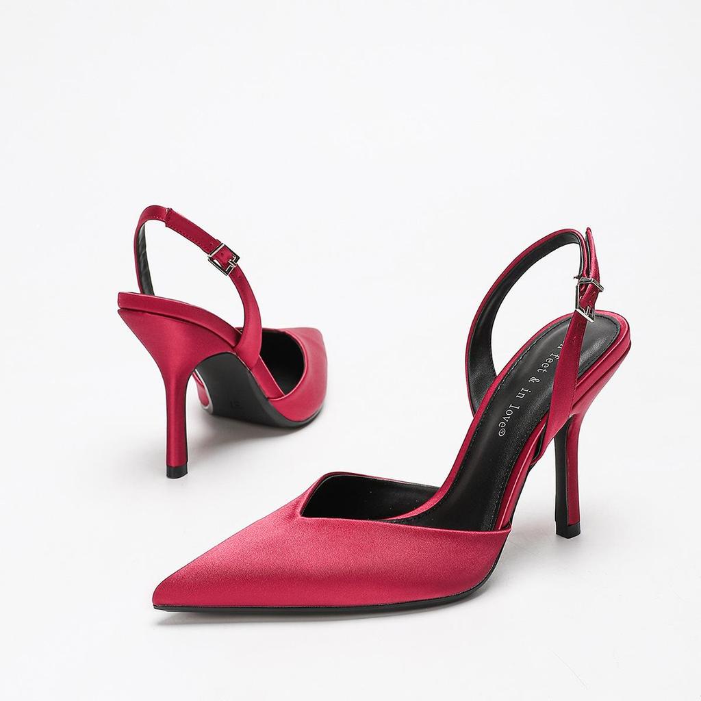 Sandalias de Verano 2025 para Mujer, Estilo Retro Francés, de Seda, con Tira Trasera y Tacón de Aguja