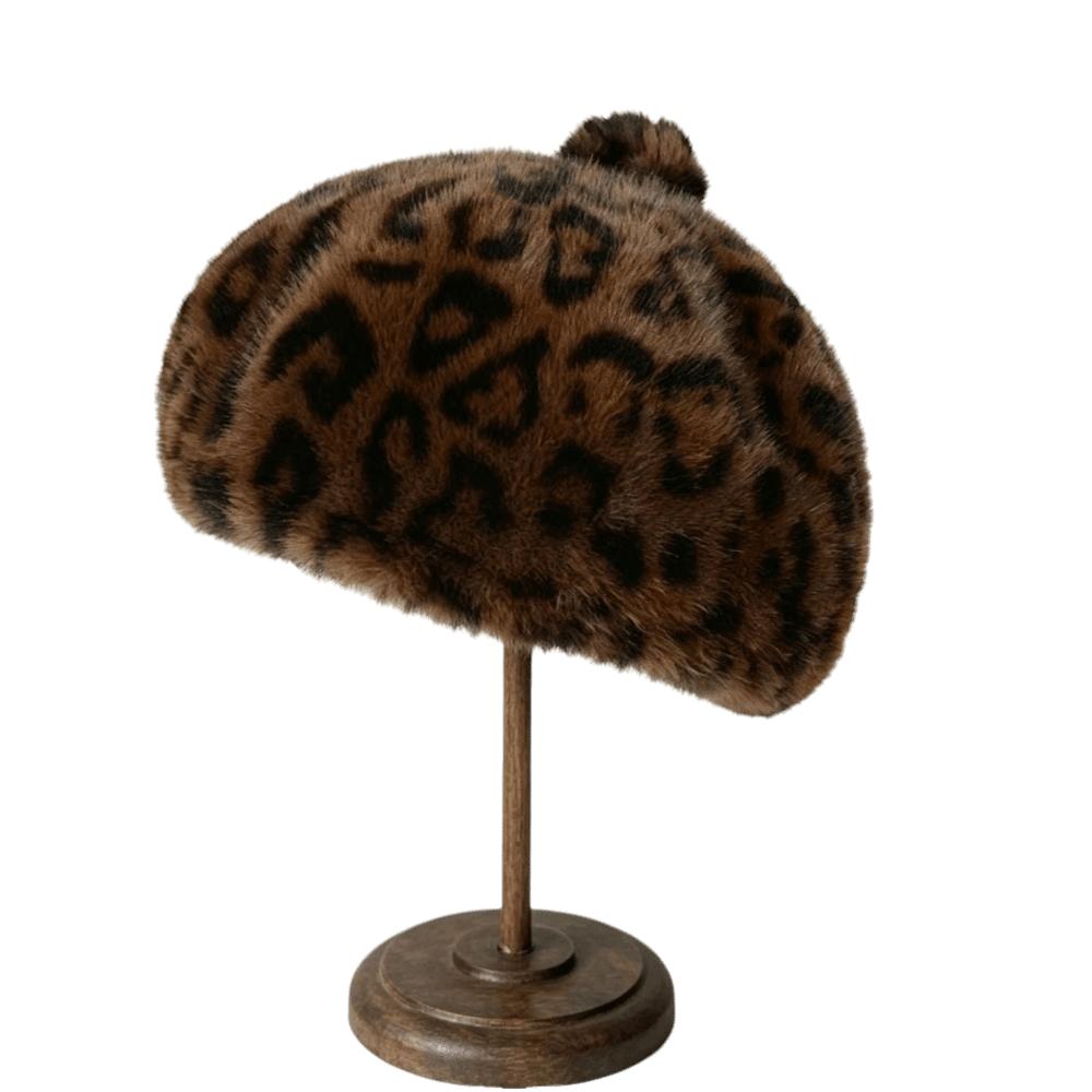 Leopard Print Faux Rabbit Fur Beret Flush Furry Fluffy Plush Beret Octagonal Beanie Cap  Women Girl