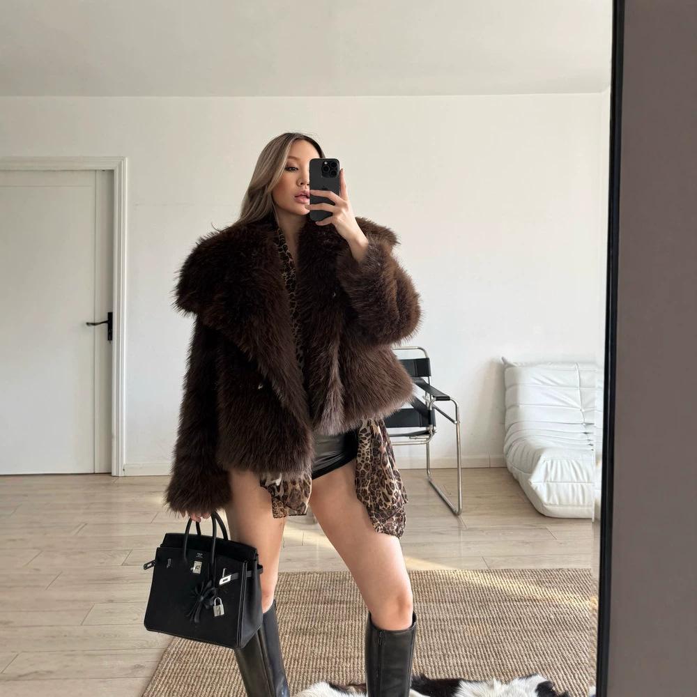 Fox fur coat women's large lapel short furry coat winter warm
