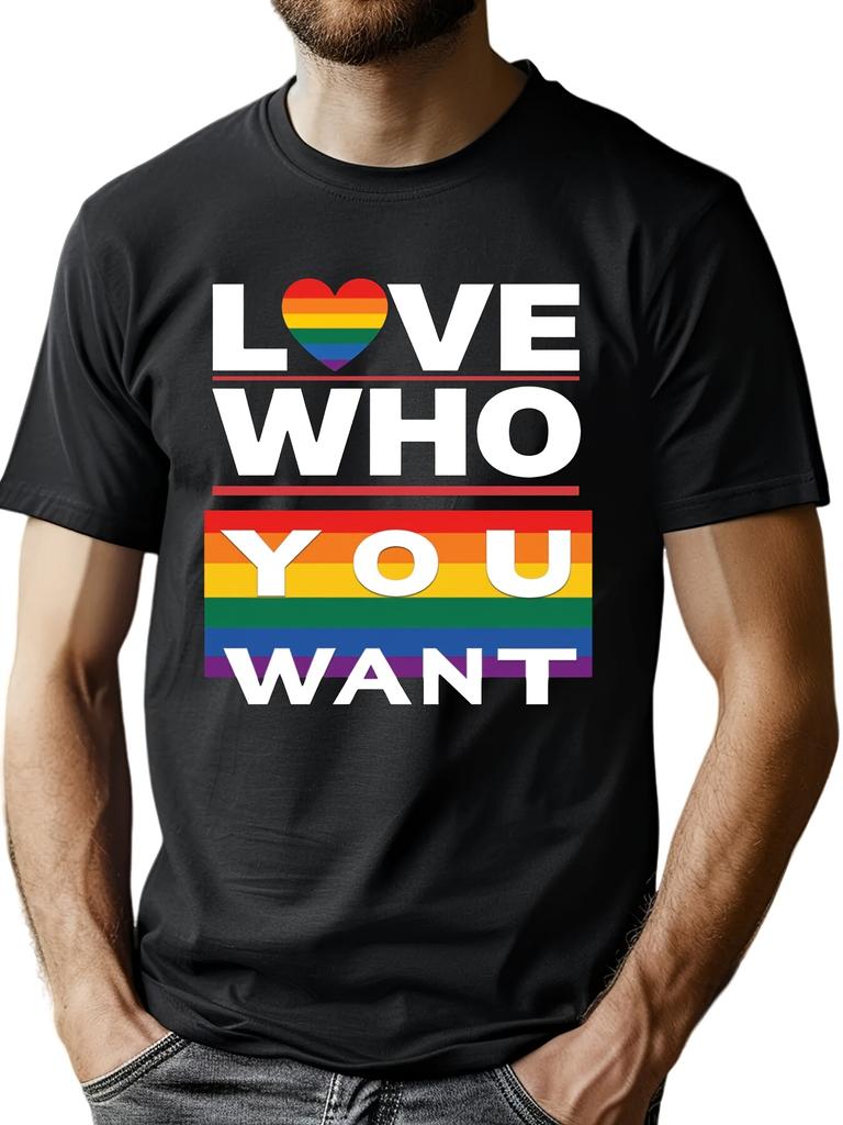 Love Who You Want Rainbow Heart Pride Graphic Tee Soft Cotton Unisexs Casual Tshirt Daily Wear