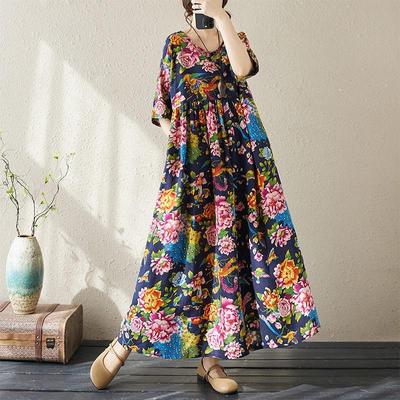 Kısa kollu Artı boyutu pamuklu vintage çiçekli yeni elbiseler kadınlar için gündelik gevşek uzun yaz