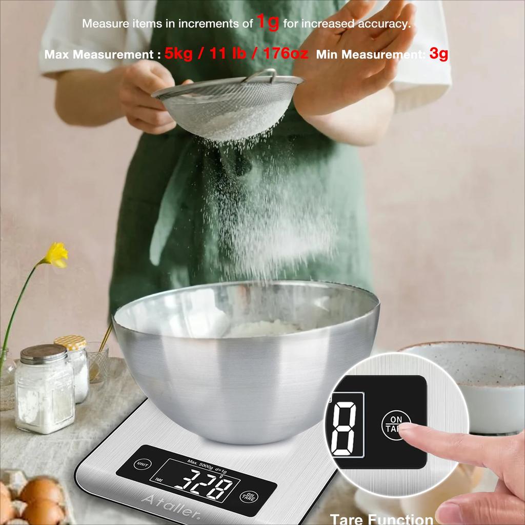 Ataller Smart Kitchen Food Scale Electronic Bluetooth APP Digital Weight Balance With Nutrition Analysis 5kg Stainless Steel
