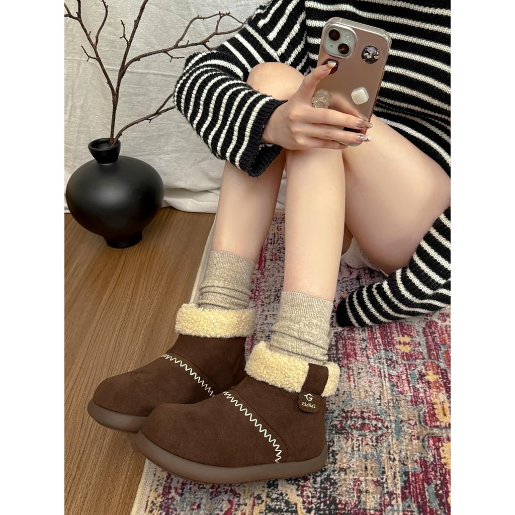 Retro brown thick-soled velvet snow boots women's winter warm outer wear non-slip Birkenstock cotton shoes