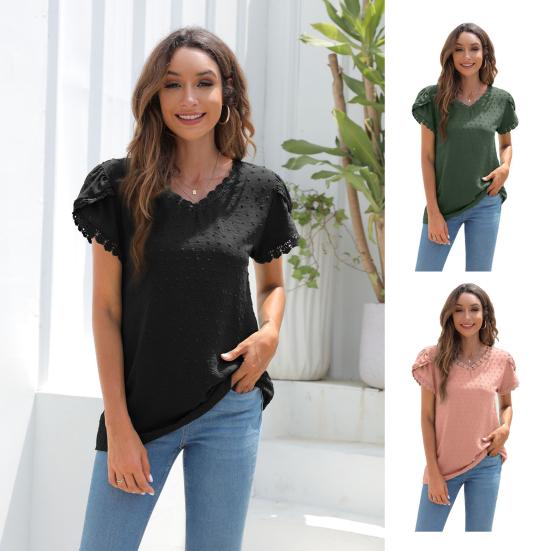 

Женская футболка однотонная шифоновая с v-образным вырезом кружевная жаккардовая с короткими рукавами женский топ для повседневной носки
