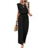 Women Sleeveless Wide Leg Jumpsuit with Drawstring Waist Lace Trim Crew Neck Loose Fit One Piece Casual Romper Outfit