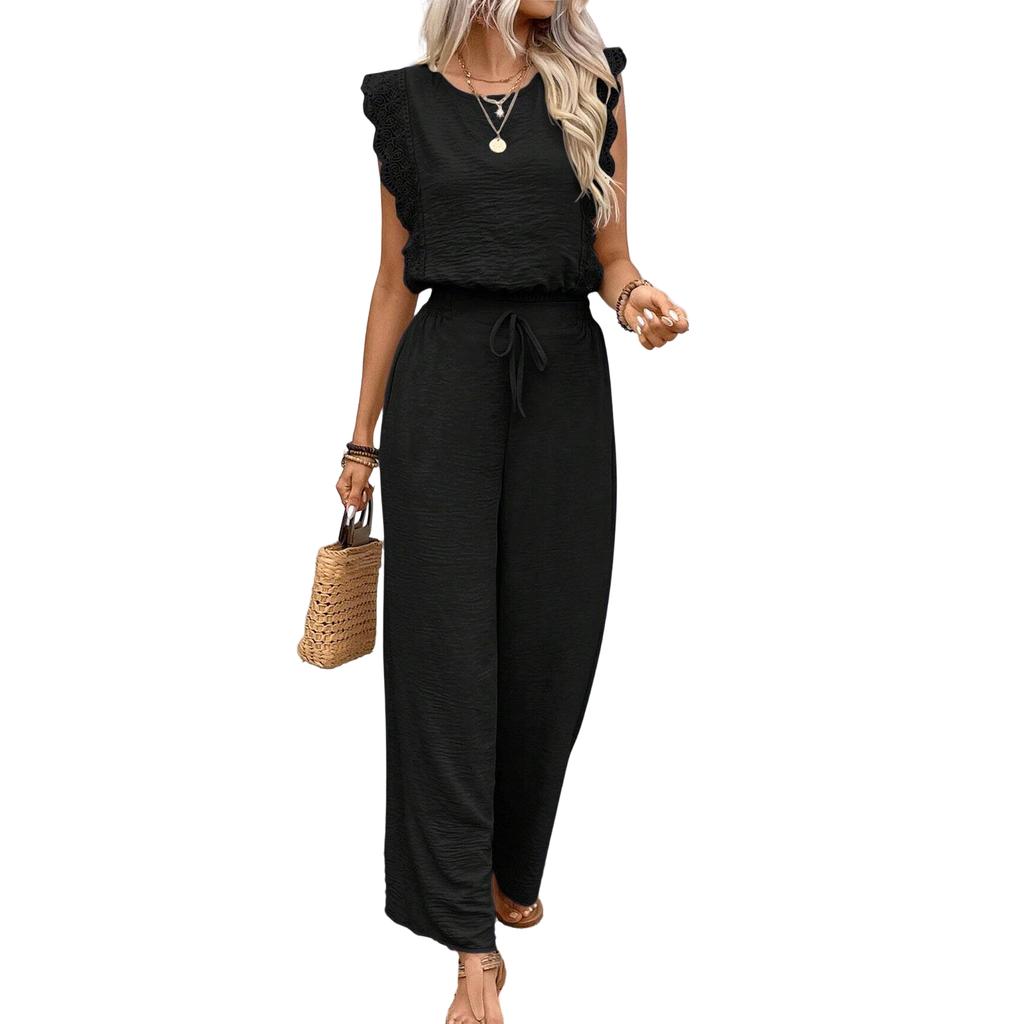Women Sleeveless Wide Leg Jumpsuit with Drawstring Waist Lace Trim Crew Neck Loose Fit One Piece Casual Romper Outfit