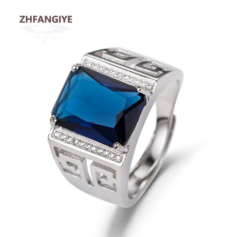 Trendy Men Ring Copper Jewelry With Sapphire Zircon Gemstone Finger Rings For Male Wedding Party Hand Accessories