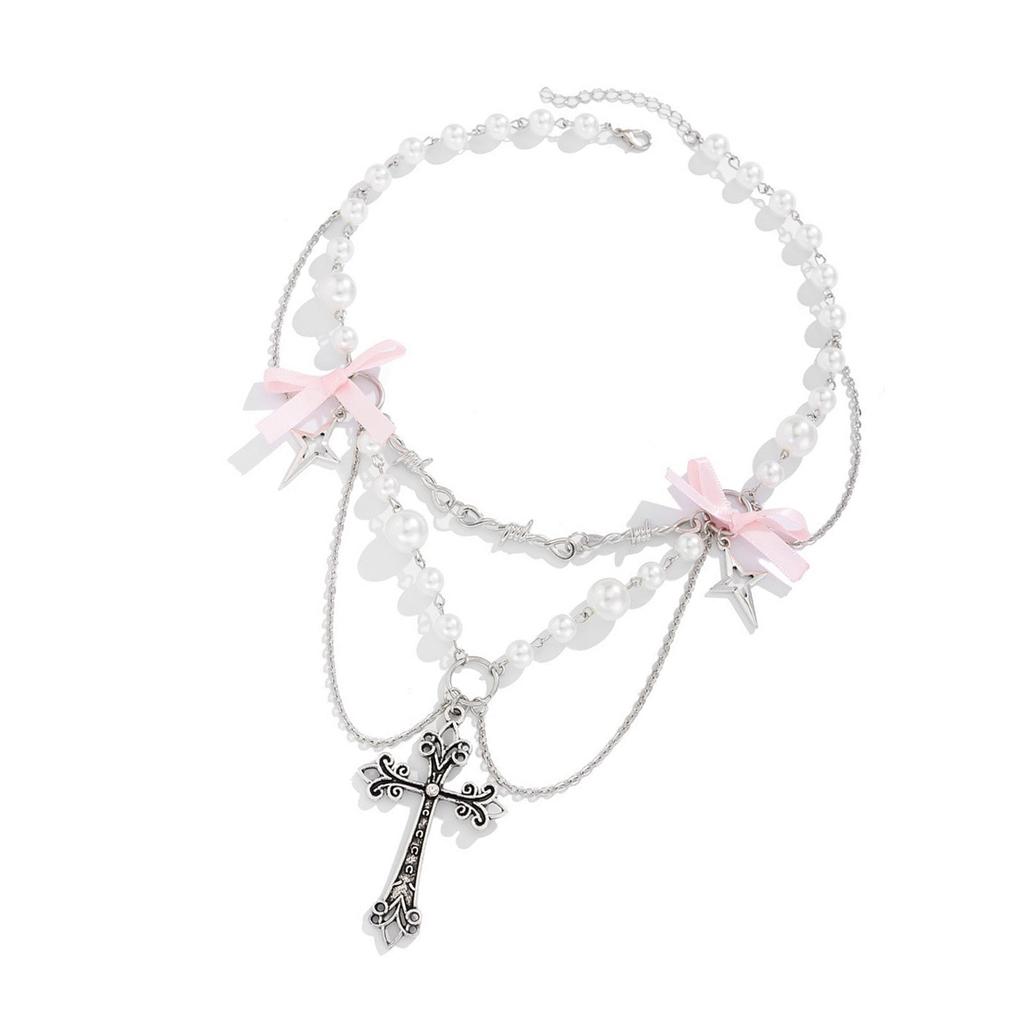 Sweet and Cool Bowknot Choker Unique Crosses Pendant Necklace with Pearls and Bowknot for a Fashion Statement