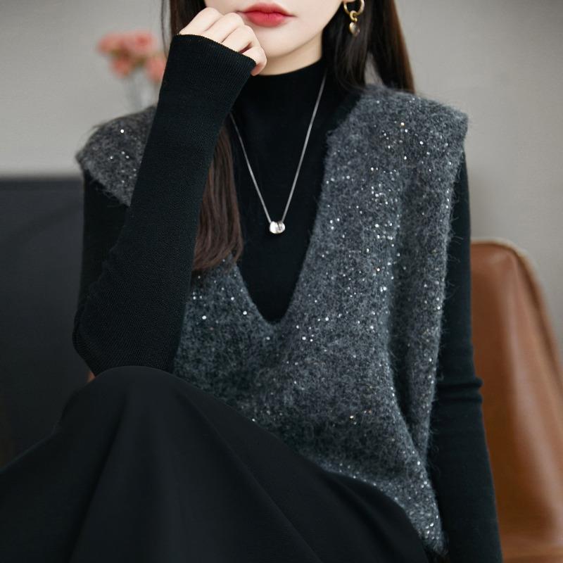 French Style V Neck Sequin Sleeveless Knit Vest Women Casual Layering Top