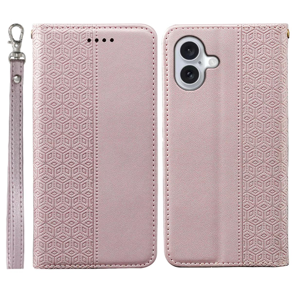 

For iPhone 16 Wallet Phone Case Strong Magnetic Checkered Pattern Imprint Leather Flip Cover Rose Gold