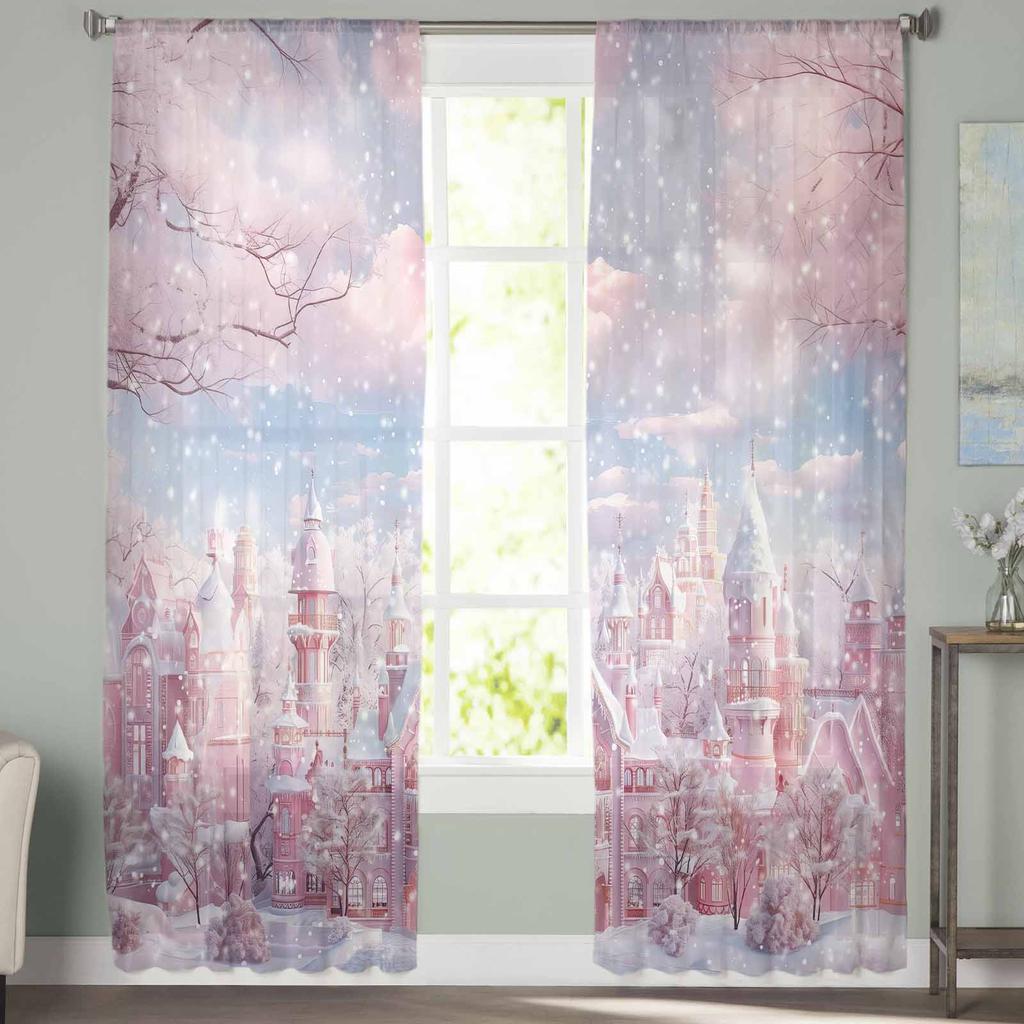 Christmas Snow Scene Pink Curtains For Living Room Bedroom Home Decoration Window Voile Tulle Curtain Drapes