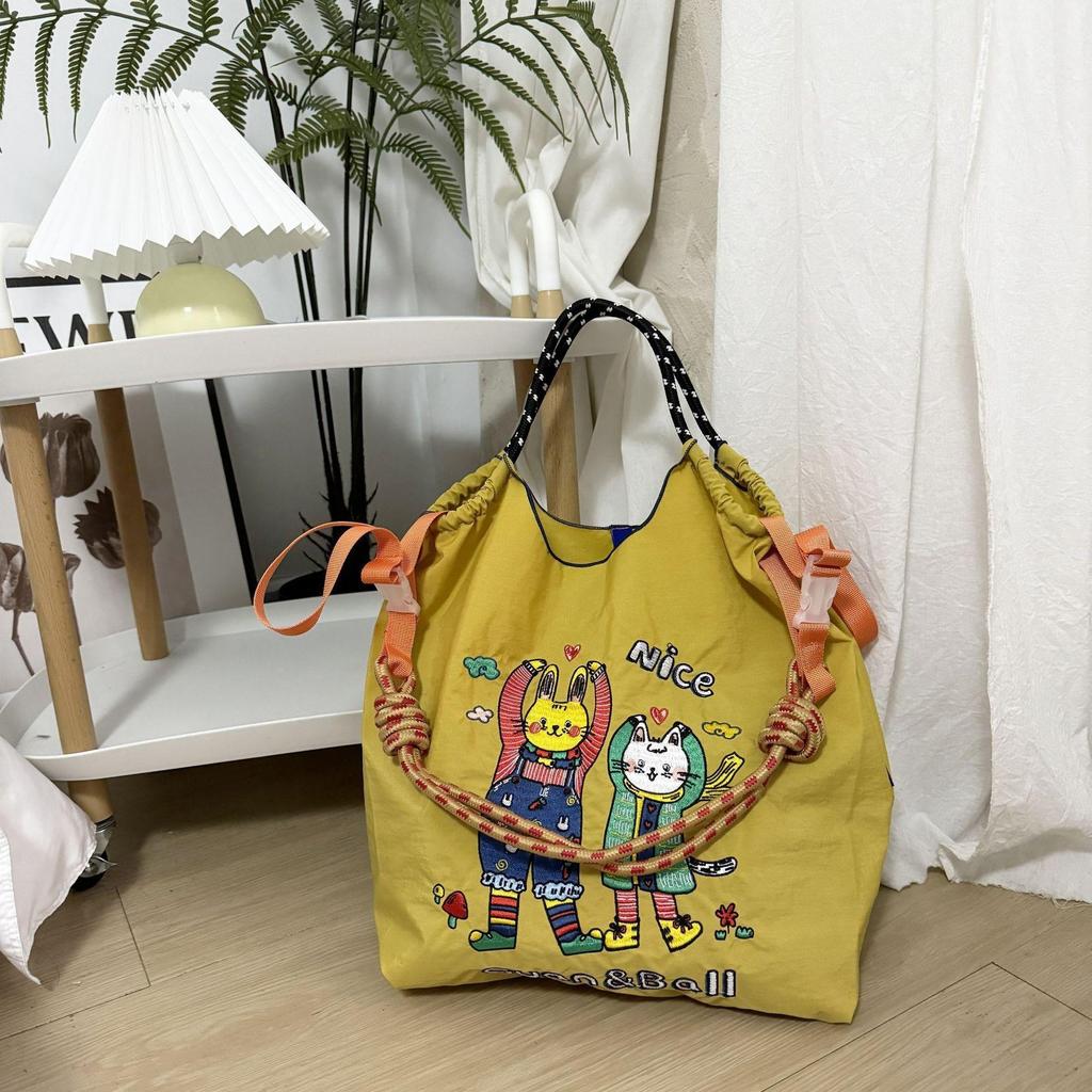 Trendy Large-Capacity Japanese-Style Nylon Embroidery Shoulder Bag for Women