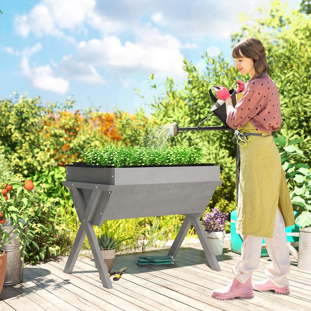 Wooden Raised Garden Bed with Bed Liner, Elevated Planter Box with Legs, Light Grey