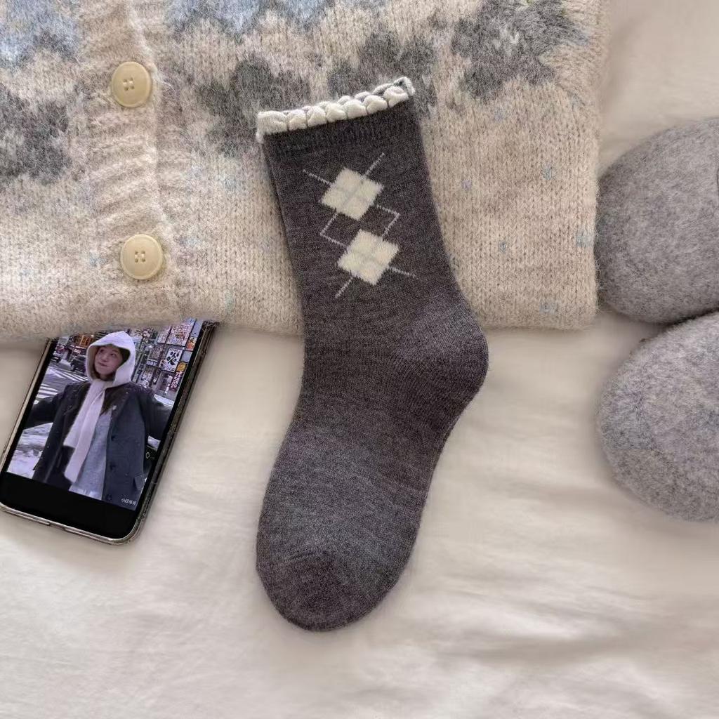 Xiaohongshu Is The Same Hot Sale! Winter Wool Socks Combination Gray Buttons Thickened Warm Pile Socks Mid-Tube Socks Socks