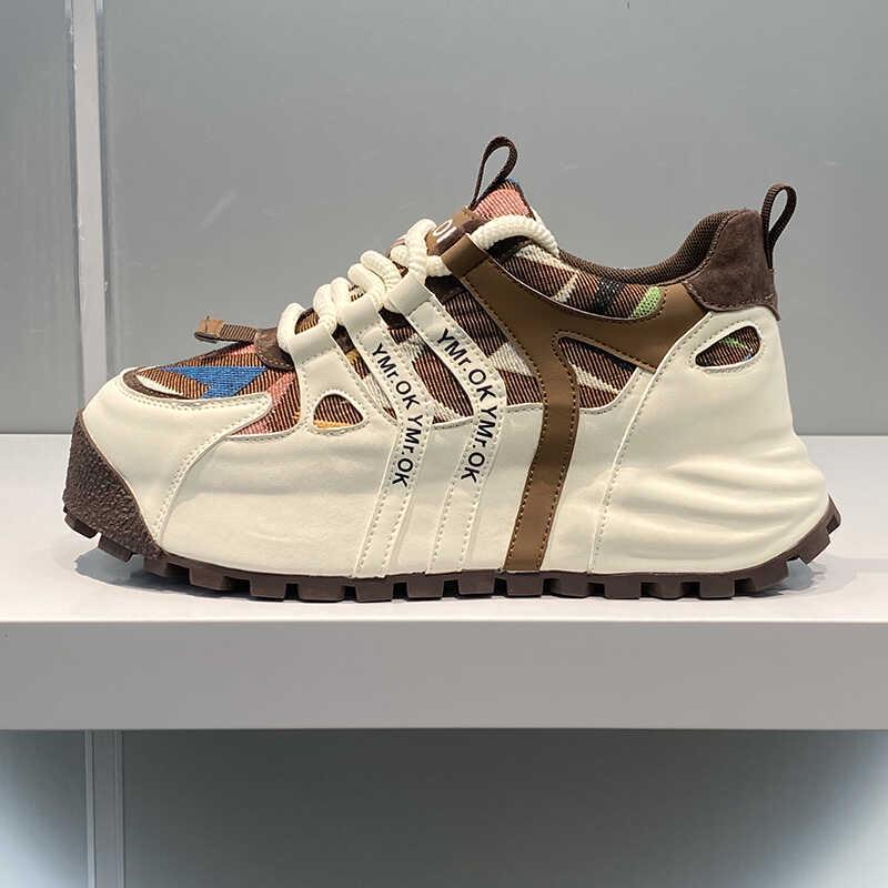 Men's Trendy American Street Style Leather & Cloth Casual Sneakers: Handsome, Low-Key, Elastic Dad Shoes