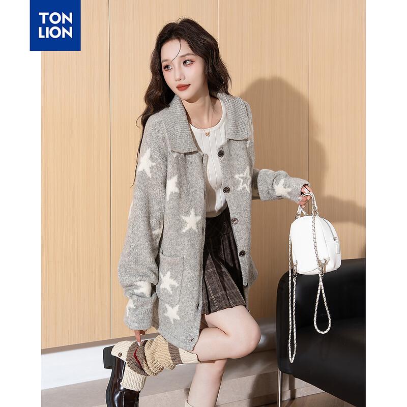 

TonLion Women s Jacquard Lapel Cardigan Sweater M