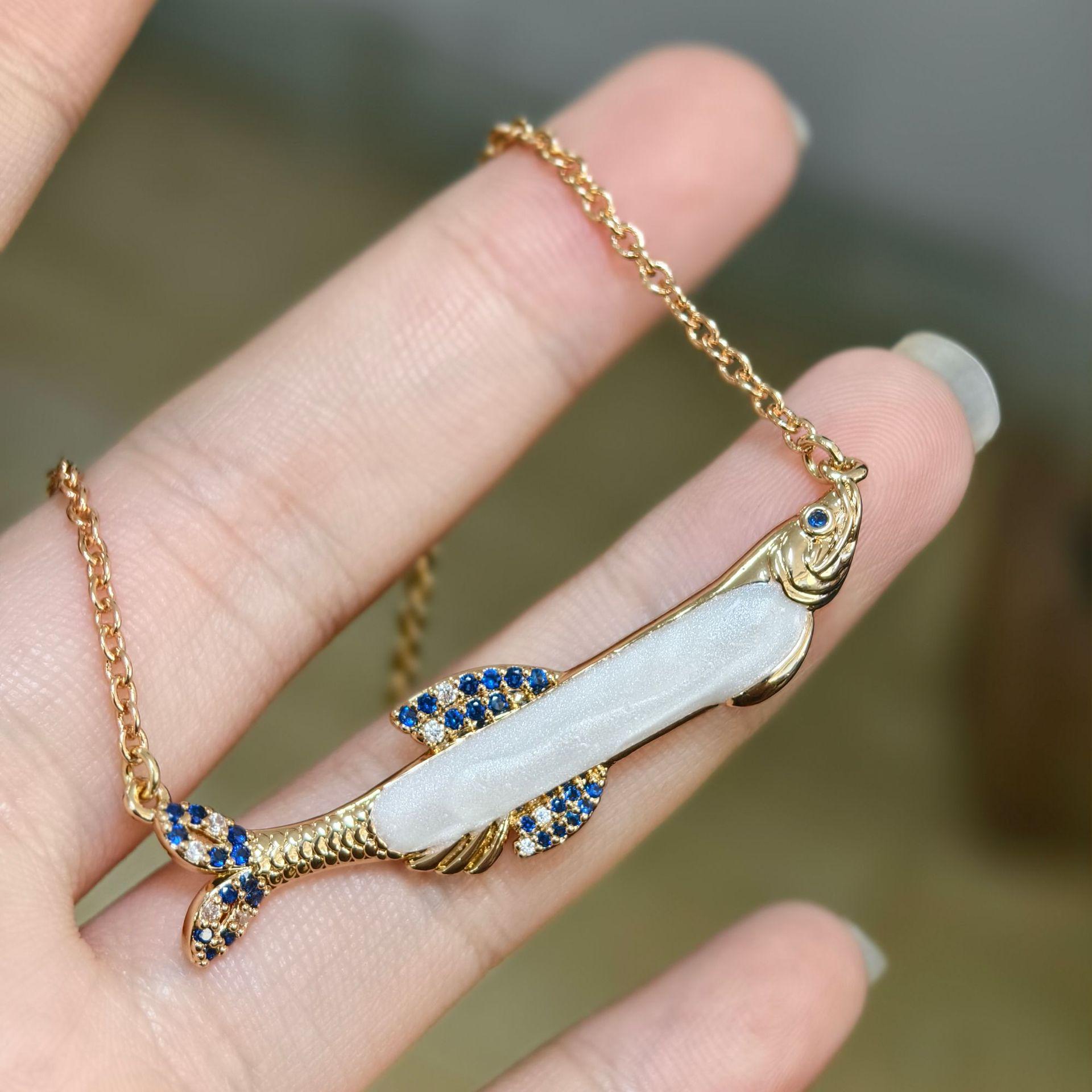 Summer Blue Zircon Fish Pendant Necklace with Rhinestone Enamel