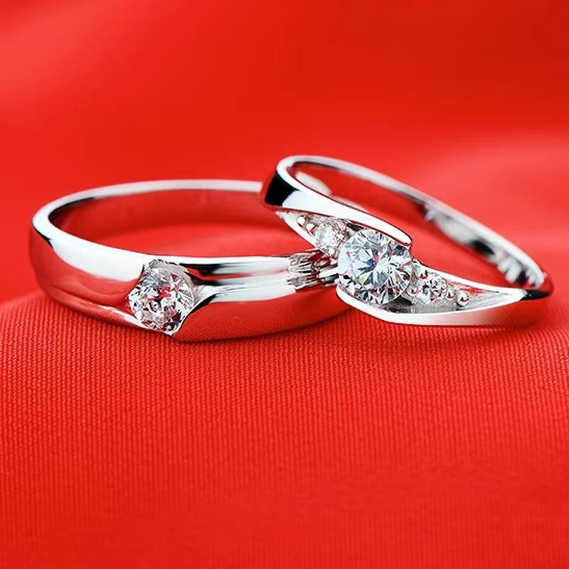 Huajie 2Pcs/set Exquisite Simple Inlaid Brilliant Zircon Couple's Romantic Rings Sets Engagement Personality  Trend