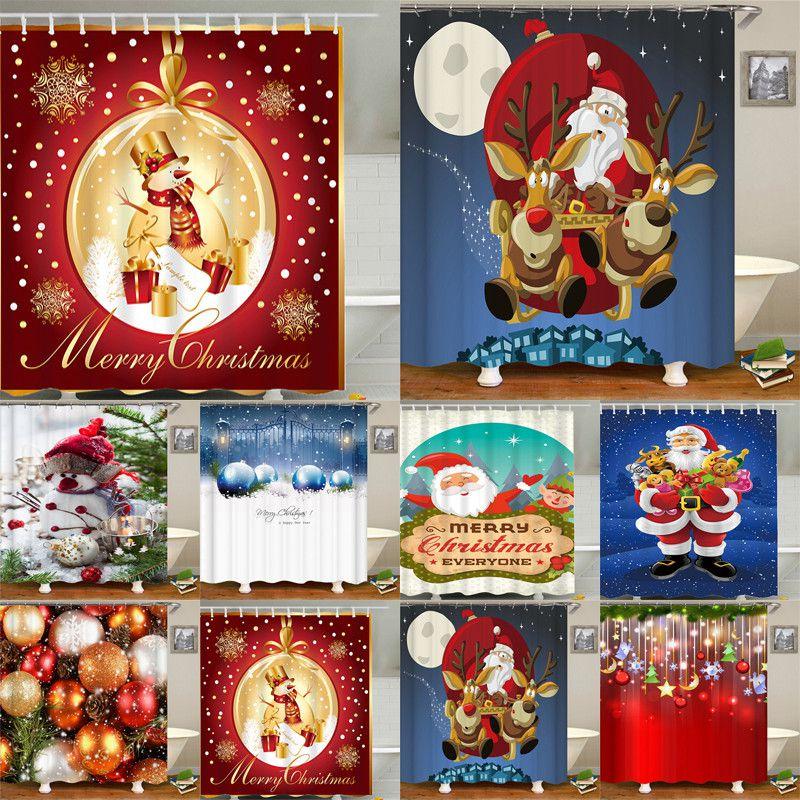Christmas Curtain Shower With Hook Xmas Bathroom Decoration Santa Claus Snowman