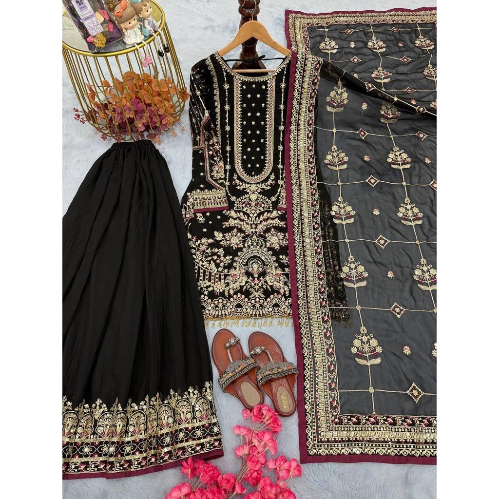 *Launching New Đěsigner Party Wear Look Pur Heavy Faux Georgette Top Plazzo & Dupatta Set