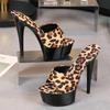 Mode Sexy High Heels 15cm Leopardenmuster Damen Hausschuhe Sandalen Plateau Nachtclub Schuhe Wasserdicht Dicke Sohle Absätze Hausschuhe