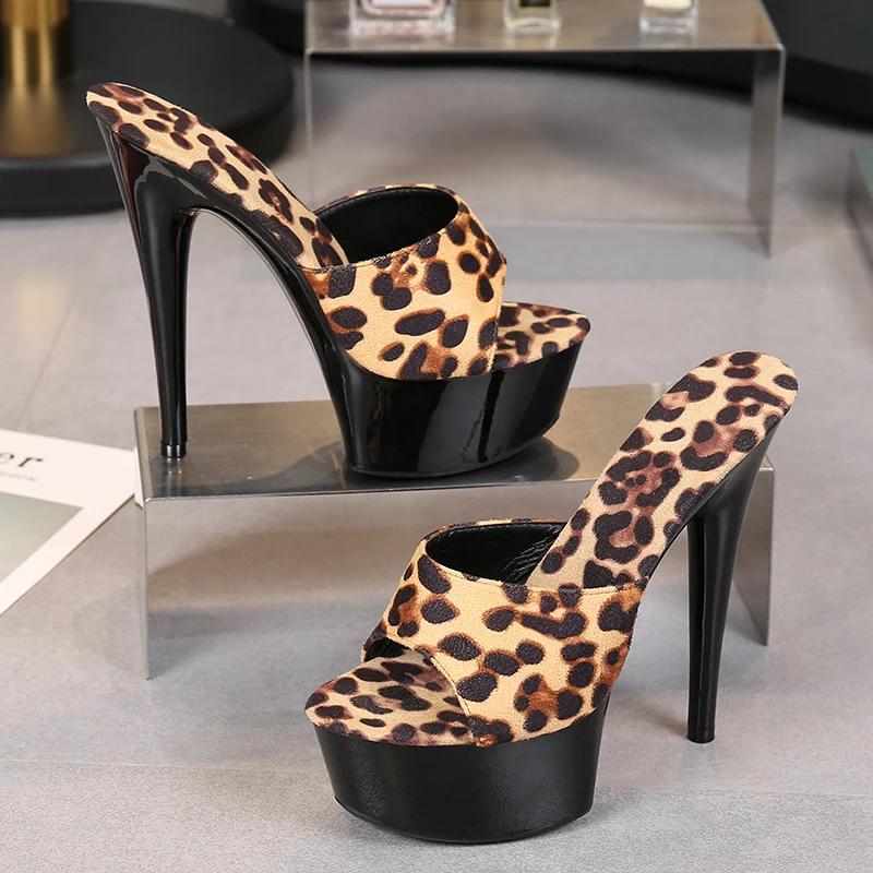 Mode Sexy High Heels 15cm Leopardenmuster Damen Hausschuhe Sandalen Plateau Nachtclub Schuhe Wasserdicht Dicke Sohle Absätze Hausschuhe