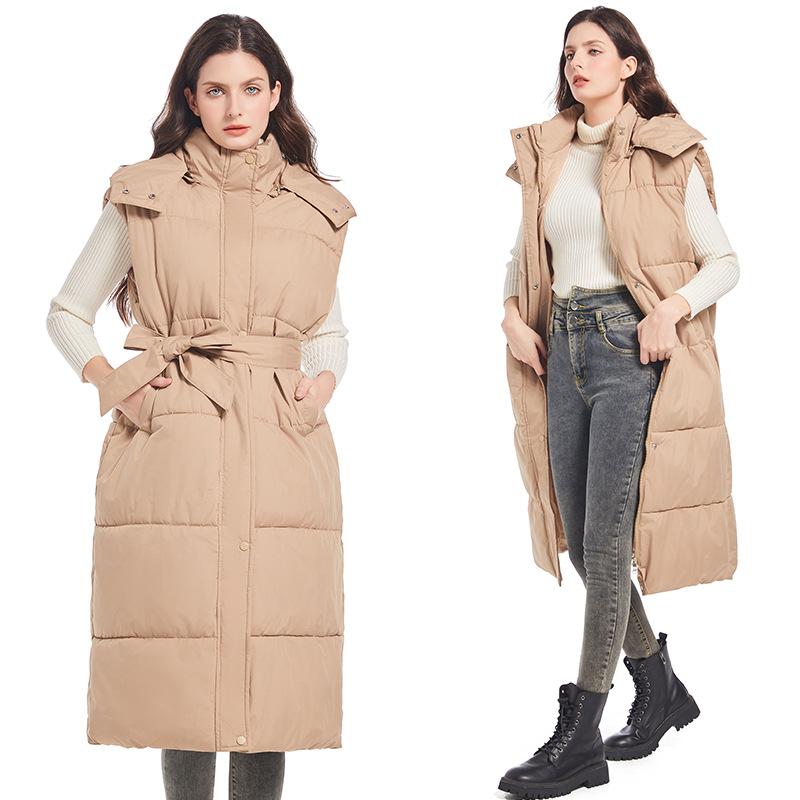 European and American down cotton vest women's long knee-length autumn and winter lace-up cotton coat vest jacket
