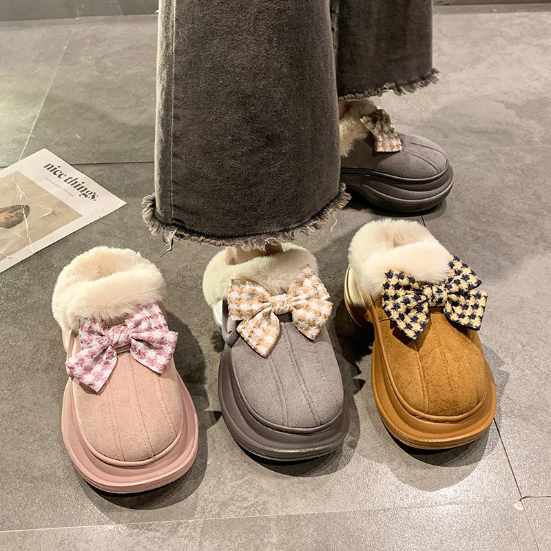 Hairy slippers women's winter cute bow outer wear thick bottom heightened non-slip piled thickened warm bag head cotton mop
