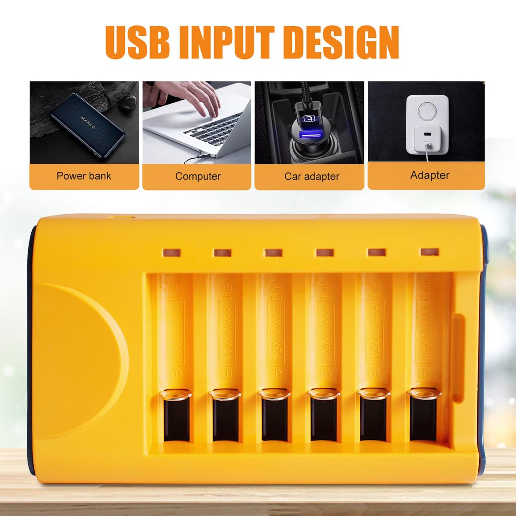 Skywolfeye AA AAA Battery Charger 6 Bay USB Fast Charging Independent Slot for Ni-MH Ni-CD 1.2V Rechargeable Batteries