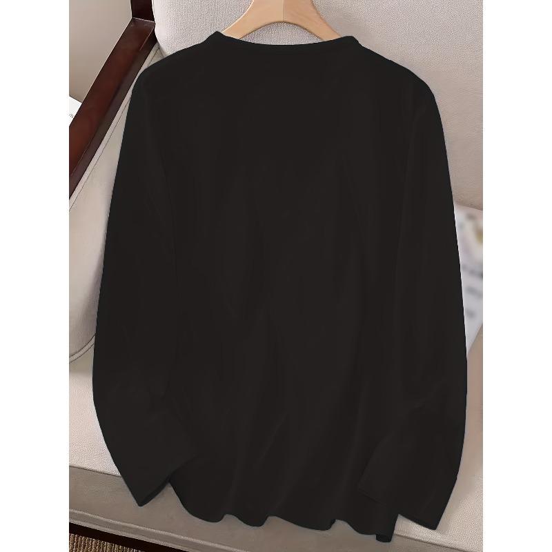 Europäische Größe Damen Lässiges Langarm Crew-Neck Grafikdruck T-Shirt - Verspieltes fröhliches Gesicht Design, Schmale Passform,