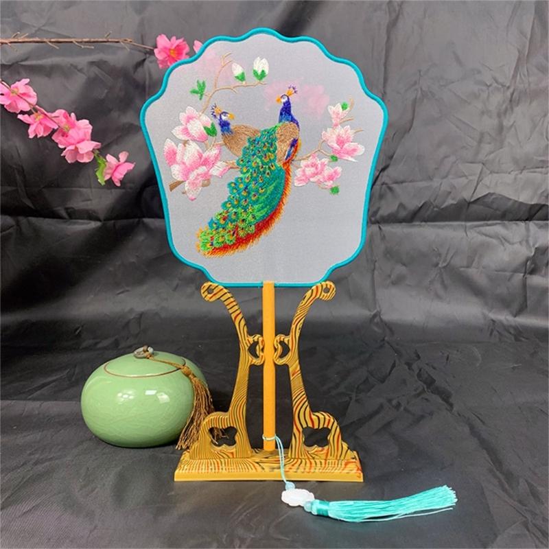 Chinese Styles Ancient Embroidery Fan Decorations Long Handle Tassels Double Side Hand Fan for Womens Girl Performances