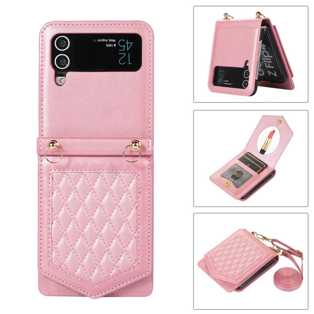 Samsung Z Flip Leather Flip Cover with Card Holder, Lanyard, Mirror, Anti-Theft - Compatible for Z Flip5, Flip4, Flip3.