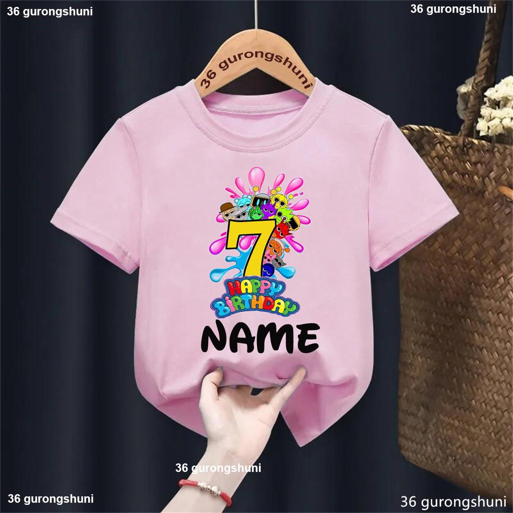 Colorful 7th Happy Birthday Game Sprunki Printed T Shirt For Girls/Boys Custom Name Birthday Party Kids Clothes Summer T-Shirt